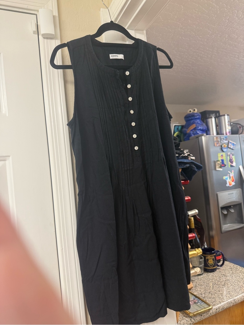 Sleeveless Black Pintuck Button-Front Dress